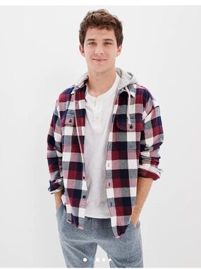 AE Hooded Flannel Shirt Men's Large Plaid Button Front Cotton Casual